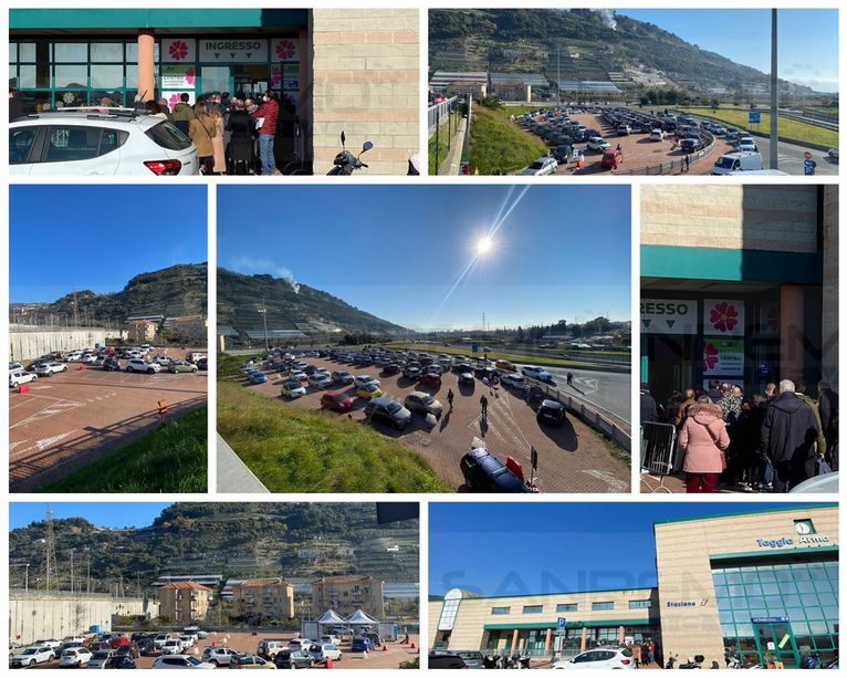 Taggia: lunghe code questa mattina per i tamponi in 'drive through' e per le 'terze dosi' in stazione (Foto)
