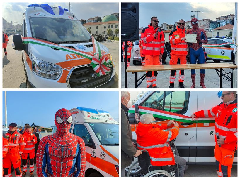 Imperia, inaugurati in calata Anselmi 4 nuovi mezzi della Croce Bianca. Il presidente Trincheri: “Tra i primi in Italia a dotarci di ambulanze ibride” (foto e video)