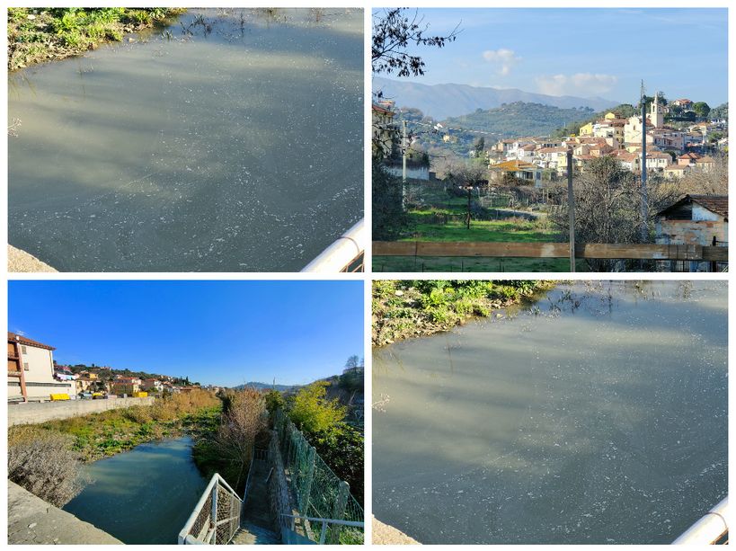 Imperia, acqua torbida e macchie biancastre nel torrente Caramagna. Già in passato era stato oggetto di scarichi fognari (foto)