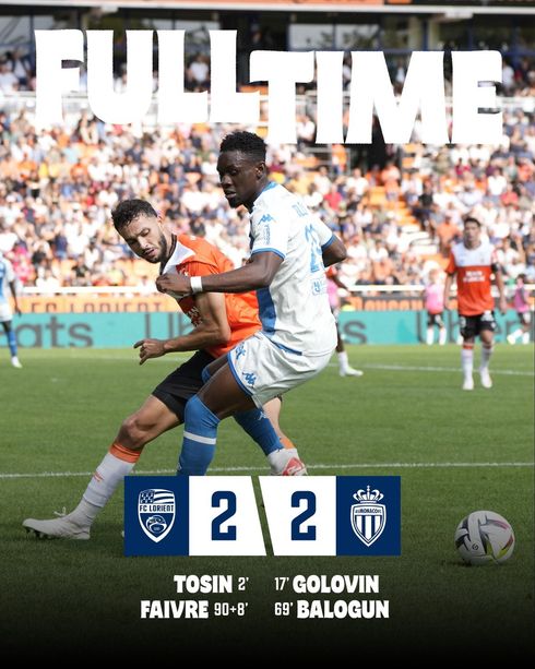 Ligue 1, l'AS Monaco beffato al 98': a Lorient finisce 2-2 Ligue 1, l'AS Monaco beffato al 98': a Lorient finisce 2-2