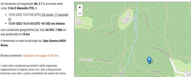 Massello: terremoto di magnitudo 2,7 oltre la zona di Lorenzo di Perrero Massello: terremoto di magnitudo 2,7 oltre la zona di Lorenzo di Perrero