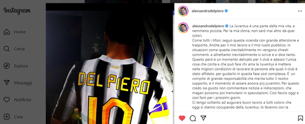 Caso Juve: Del Piero dirigente in pectore, ma ancora capitano. &quot;Massimo supporto, ma non commenterò più&quot;