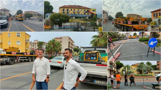 Iniziate a San Bartolomeo al Mare le operazioni di posa del nuovo ponte di via Roma (foto e video)