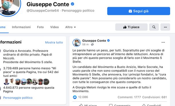 Insulti alla Meloni, Conte liquida Socrate: «Non è più nostro candidato». Maggioni: «C'è bisogno di un confronto sereno»