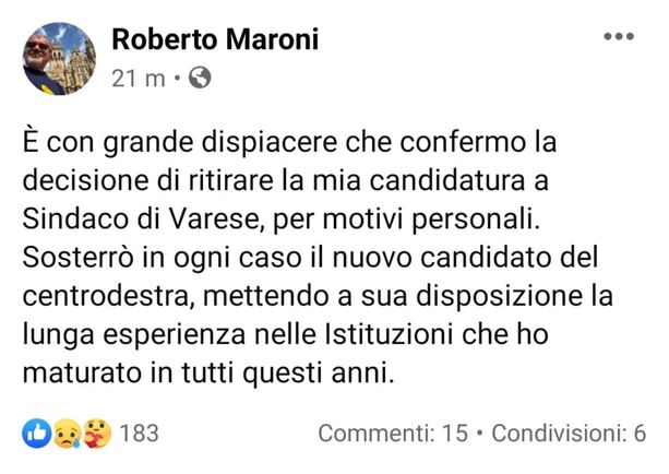 Maroni conferma il passo indietro: «Mi ritiro per motivi personali» Maroni conferma il passo indietro: «Mi ritiro per motivi personali»