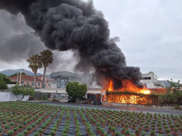 Albenga, in fiamme il capannone di Gallo Trasporti a Campochiesa