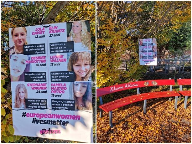#europeanwomenlivesmatter: dietro la panchina rossa di Fossano compare un manifesto razzista e abusivo #europeanwomenlivesmatter: dietro la panchina rossa di Fossano compare un manifesto razzista e abusivo