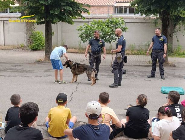 250 anni della Guardia di Finanza:  i ragazzi dei centri estivi astigiani  a lezione con  i cani Maya e Wood [foto]