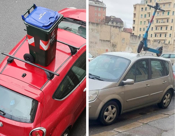 La movida che non ti aspetti, monopattini e bidoni “parcheggiati” sopra le auto La movida che non ti aspetti, monopattini e bidoni “parcheggiati” sopra le auto