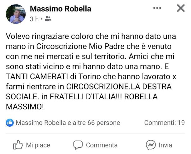 Polemica sul consigliere di FdI Robella: "Ringrazio per l'elezione i camerati di Torino" Polemica sul consigliere di FdI Robella: "Ringrazio per l'elezione i camerati di Torino"