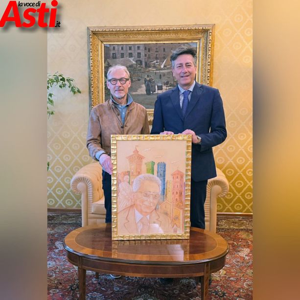 Per il Presidente della Repubblica in dono dal prefetto Ventrice, un ritratto realizzato da Filippo Pinsoglio con le torri astigiane e Vittorio Alfieri