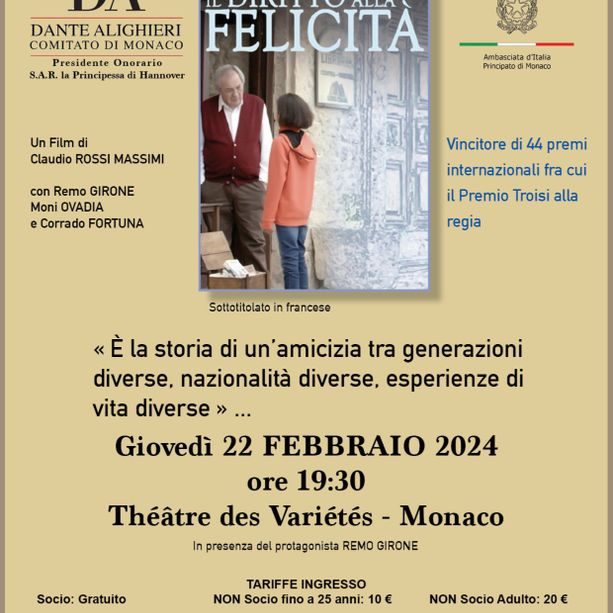 A Monaco “Il Diritto alla Felicità” con Remo Girone, storia di amicizia e libertà  attraverso i libri