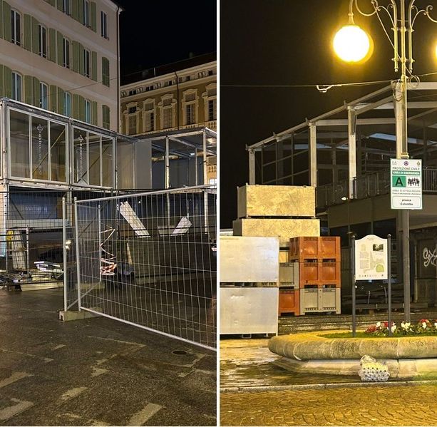 Sanremo, spuntano i primi box in piazza Colombo e Borea d'Olmo: proseguono i lavori per il Festival (Foto)