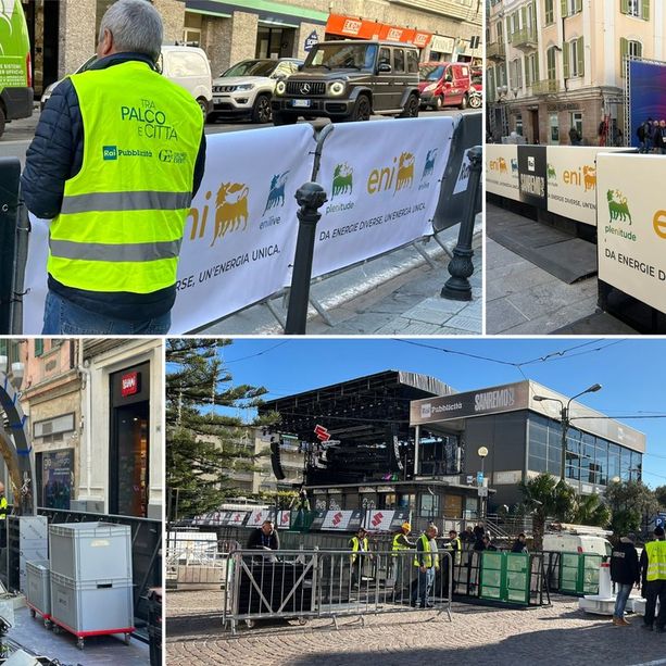 Sanremo si veste di Festival: cartelloni in via Roma e sul Green Enicarpet. In piazza Colombo il Suzuki Stage è pronto al debutto (Foto)