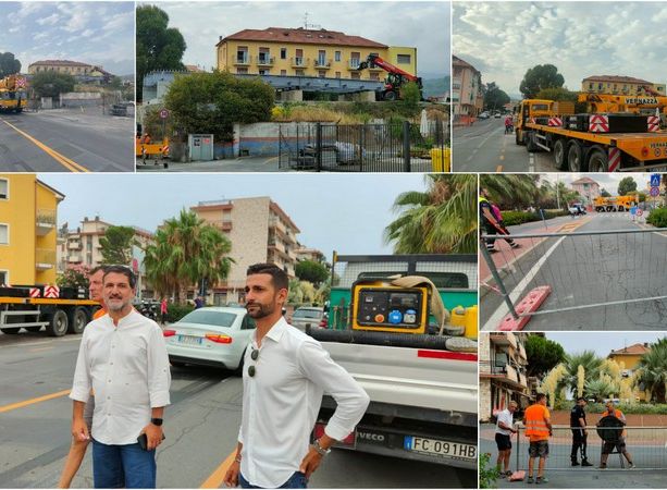 Iniziate a San Bartolomeo al Mare le operazioni di posa del nuovo ponte di via Roma (foto e video)