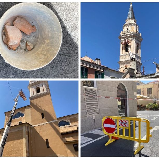 Imperia, cadono calcinacci dal campanile di San Giovanni, area messa in sicurezza: il danno &quot;provocato&quot; dai piccioni (foto)