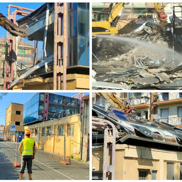 Imperia, demolizione ex caserma vigili del fuoco e polemiche per lo spreco d’acqua. La replica: “La usiamo solo per i calcinacci e la condotta non è quella comunale” (foto e video)