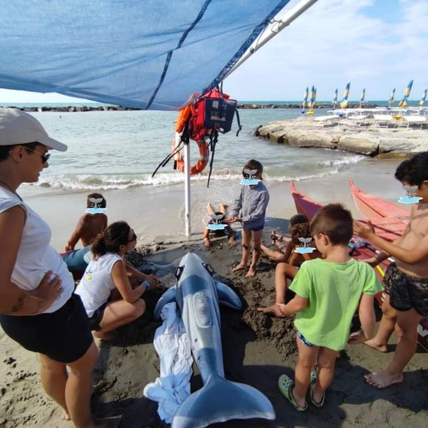 Animale spiaggiato a Santo Stefano, i bambini simulano un intervento di soccorso
