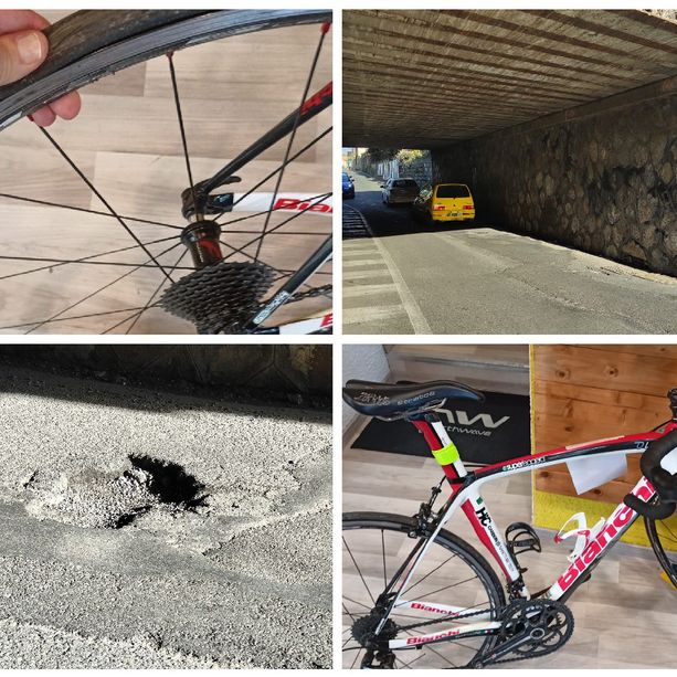 Grossa buca sull’Argine sinistro a Imperia, ciclista distrugge una ruota: “Non mi sono ammazzato solo perché sono un acrobata”  (foto)