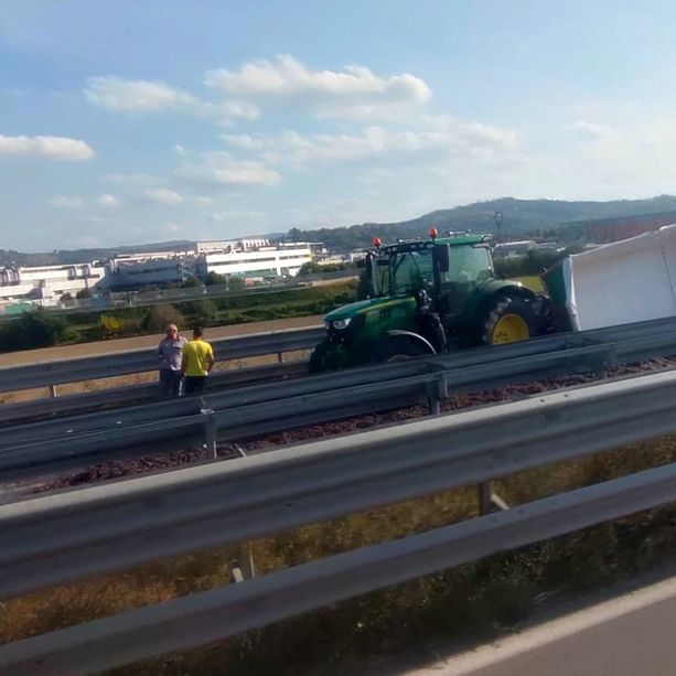 Un rimorchio carico d'uva si ribalta sulla tangenziale ad Alba: lunghe code e rallentamenti in corso
