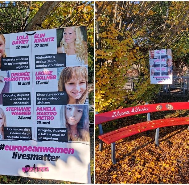 #europeanwomenlivesmatter: dietro la panchina rossa di Fossano compare un manifesto razzista e abusivo