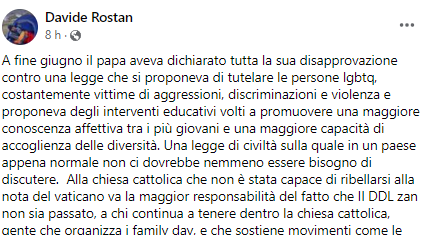 Ddl Zan: Davide Rostan contro i cattolici che hanno affossato la legge contro l’omotransfobia