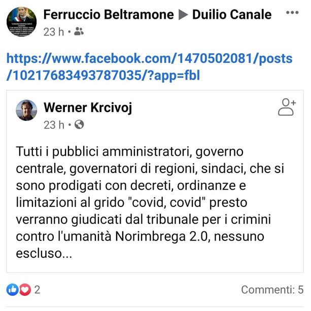 «Processo di Norimberga 2.0 ai politici per il Covid? Sono disponibile solo il lunedì e il mercoledì»