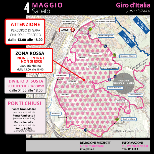 Arriva il Giro d'Italia e Torino si ferma. Soprattutto in collina e precollina: ecco le modifiche alla viabilità