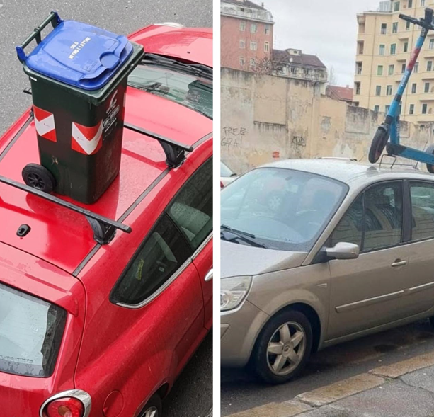 La movida che non ti aspetti, monopattini e bidoni “parcheggiati” sopra le auto