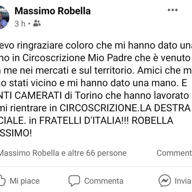 Polemica sul consigliere di FdI Robella: &quot;Ringrazio per l'elezione i camerati di Torino&quot;