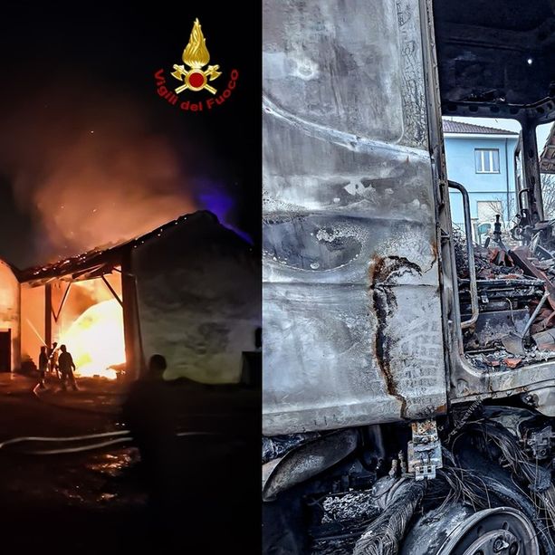 Maxi incendio a Poirino: distrutti due camion, una cisterna ed una tettoia