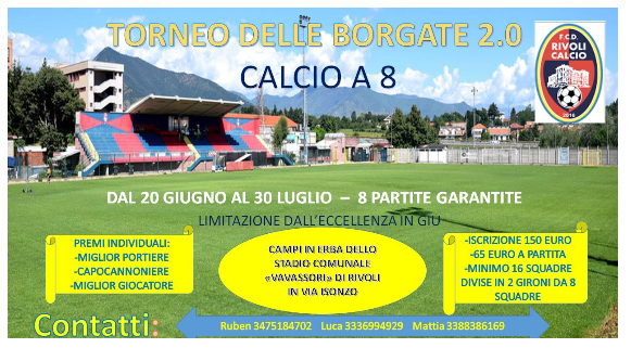 RIVOLI, TORNA IL CALCIO GIOCATO - Pronto il &quot;Torneo Borgate 2.0&quot; di calcio a 8