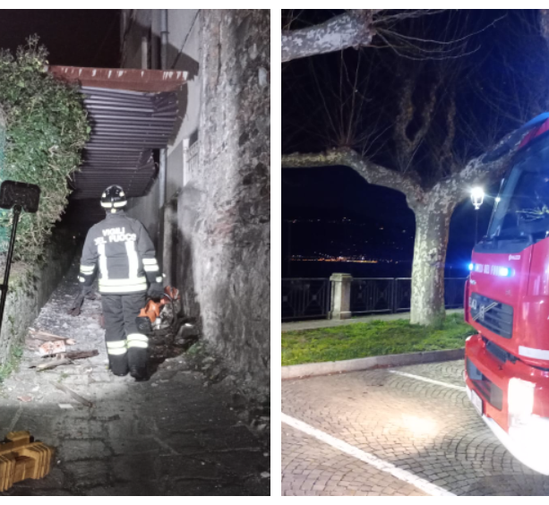 Notte di raffiche di vento sul Varesotto, vigili del fuoco al lavoro: tetto scoperchiato finisce contro delle case a Germignaga