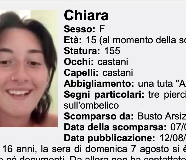 «Aiutateci a ritrovare Chiara, ha solo 15 anni. L'ultima volta è stata vista a Busto Arsizio»