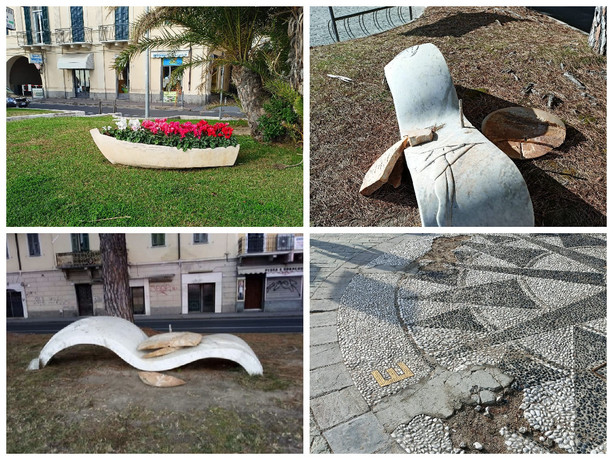 Diano Marina, incuria sulla passeggiata. La denuncia di Gramondo: “Comune inerme, opera d’arte usata come fioriera” Diano Marina, incuria sulla passeggiata. La denuncia di Gramondo: “Comune inerme, opera d’arte usata come fioriera”