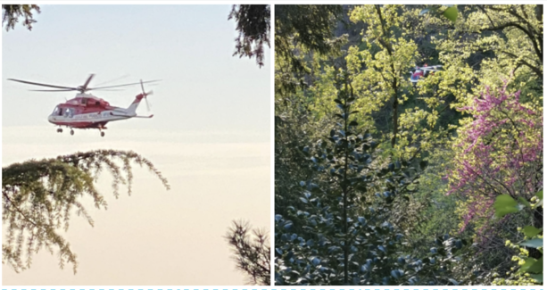 Infortunio nei boschi di Velate: soccorritori in azione, in volo anche l'elicottero dei vigili del fuoco