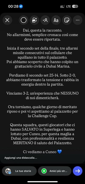 Paura a Dubai durante la finale del NAS Tournament di volley: allarme missili nel palazzetto, poi la rimonta di Cuneo