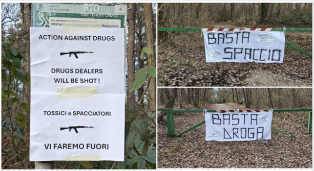 Nei boschi dello spaccio misteriosi cartelli di minaccia: «Tossici e spacciatori, vi faremo fuori»