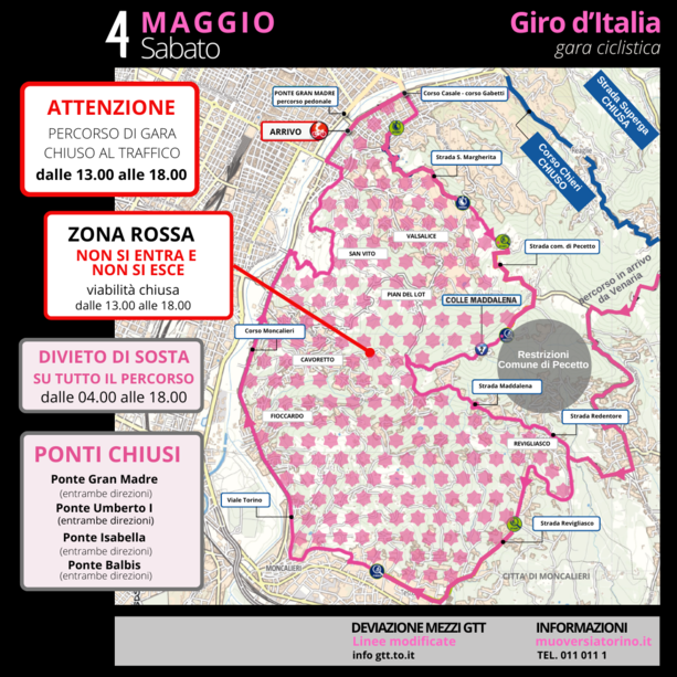 Arriva il Giro d'Italia e Torino si ferma. Soprattutto in collina e precollina: ecco le modifiche alla viabilità
