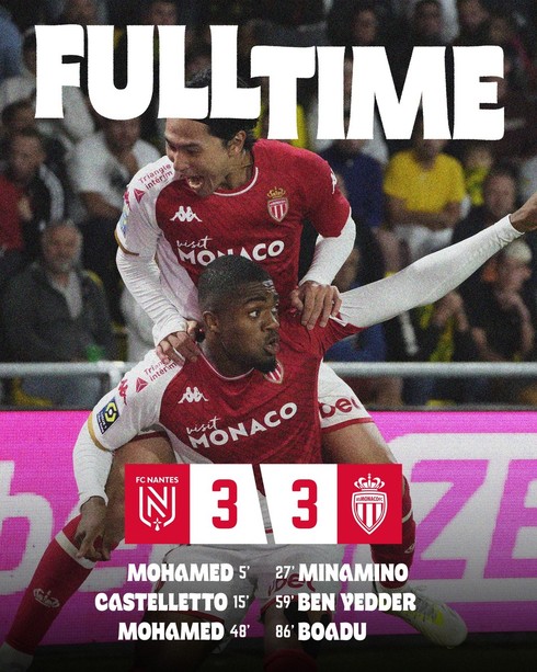Ligue 1. AS Monaco, prova d'orgoglio a Nantes: i monegaschi rimontano e pareggiano 3-3 Ligue 1. AS Monaco, prova d'orgoglio a Nantes: i monegaschi rimontano e pareggiano 3-3
